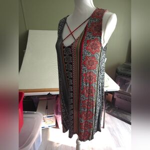 Lily Rose Women's Sleeveless Dress L Red Black Floral V-Neck Summer Bold Bright